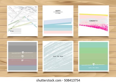 Set of artistic creative universal cards. Hand Drawn textures. Vector illustration on wooden background
