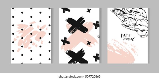 Set of artistic creative universal cards. Hand Drawn textures. Wedding, anniversary, birthday, Valentine's day, party. Design for poster, card, invitation, placard, brochure, flayer. Vector. Isolated.