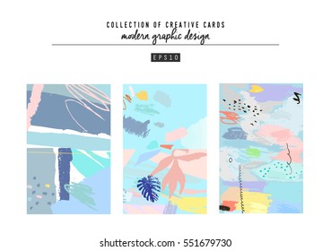 Set of artistic creative universal cards. Hand Drawn textures. Wedding, anniversary, birthday, Valentine's day, party. Design for poster, cover, card, invitation, placard, brochure, flyer. 