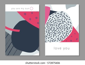 Set of artistic creative universal cards. Hand Drawn textures. Wedding, anniversary, birthday, Valentine's day, party. Design for poster, card, invitation, placard brochure flyer Vector Isolated