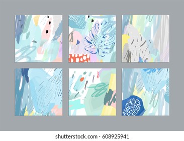 Set of artistic creative universal cards. Hand Drawn textures. Wedding, anniversary, birthday, Valentine's day, party. Design for poster, card, invitation, placard, brochure, flyer.  Vector. Isolated.