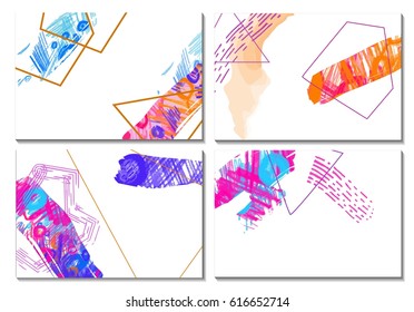 Set of artistic creative universal cards. Hand Drawn textures. 
