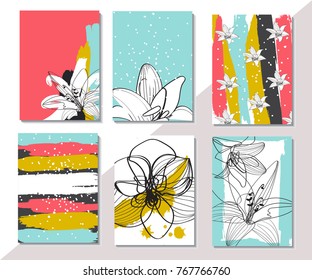 Set of artistic creative universal cards. Hand Drawn textures. Wedding, birthday, Valentine's day, party. Design for poster, card, invitation, brochure, flyer Vector Isolated.floral. amaryllis stroke