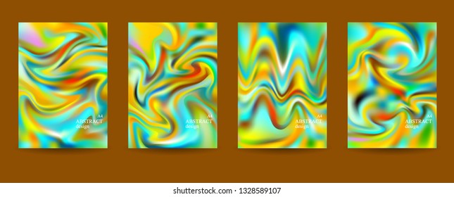 Set of artistic creative universal cards.Trendy design	 of colorful marbled liquid paints for wedding,anniversary, birthday,brochure,flyer,cards,banners,covers.A4 template.