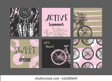 Set of artistic creative vintage cards. Design for poster, card, invitation, placard, brochure, flyer. Vector templates.