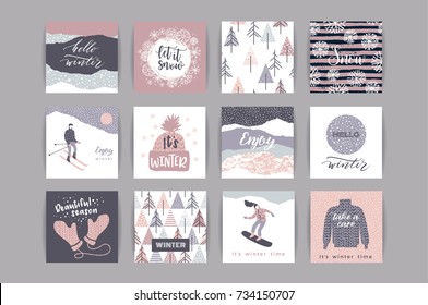 Set of artistic creative winter cards. Hand Drawn textuires. Design for poster, card, invitation, placard, brochure, flyer. Vector templates.