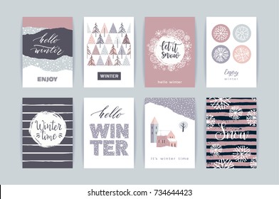 Set of artistic creative winter cards. Hand Drawn textures. Design for poster, card, invitation, placard, brochure, flyer. Vector templates.