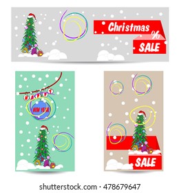 Set of artistic creativity universal cards for Christmas and New Year. Design for greeting cards, banners, brochures, posters, leaflets. Congratulations, sale. Vector.