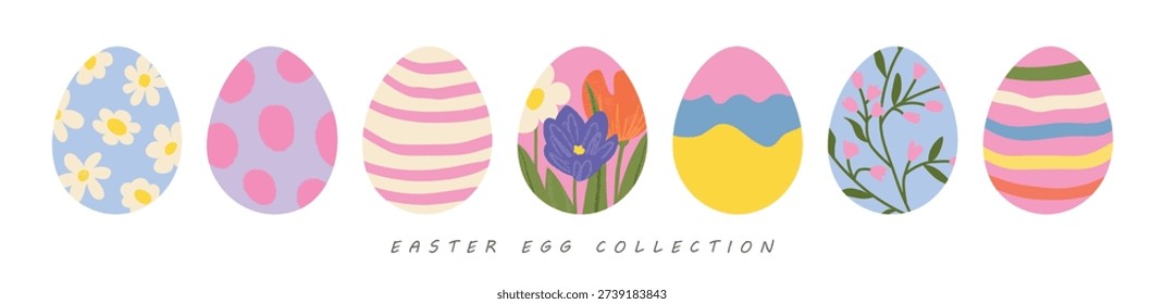 Set of artistic Easter egg designs in a flat, modern style, featuring flowers and abstract patterns. Vector elements for holiday cards or posters.