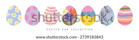 Set of artistic Easter egg designs in a flat, modern style, featuring flowers and abstract patterns. Vector elements for holiday cards or posters.