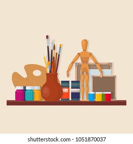 Set of artistic equipment in workshop.  Brushes, palette, wooden mannequin, canvases and paints. Vector illustration
