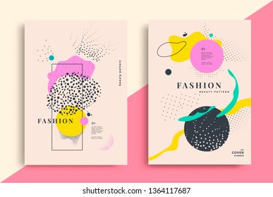 Set of artistic fashion universal posters design. Vector composition with dots and texturing geometric shapes Memphis style.