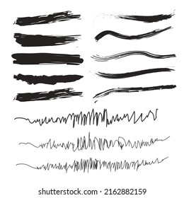 Set of artistic feather brushes. Doodles, infected brushes. Set of vector grunge brushes. Collection of marker strokes. Set of wavy horizontal borders
