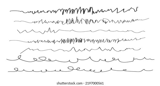 Conjunto de cepillos de plumas artísticas. Doodles, cepillos infectados. Conjunto de pinceles de grunge vectorial. Colección de trazos de marcadores. Conjunto de bordes horizontales ondulados
