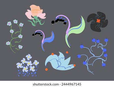 Set von künstlerischen floralen Elementen. Von Hand gezeichnete Blumen. Vektorgrafik. 