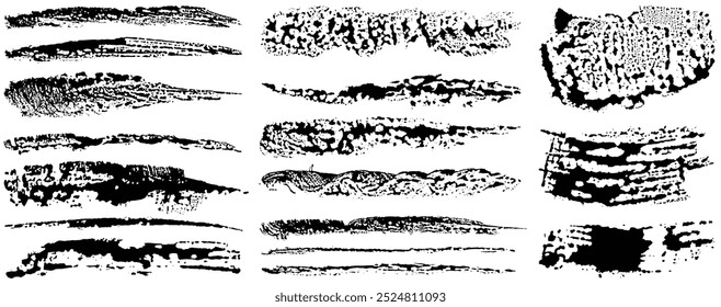 Set of artistic grungy black paint hand made creative brush stroke. Distress texture rough foam trace. Wet spots with drops. Smudge dirt isolated on white background. Vector 
