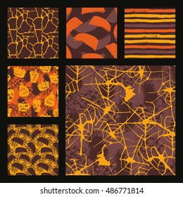 Set of artistic Halloween seamless patterns. Hand Drawn trendy textures. Design for poster, card, invitation, placard, brochure, flyer, paper, wallpaper, web, fabric and other users. Vector.