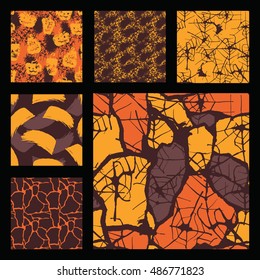 Set of artistic Halloween seamless patterns. Hand Drawn trendy textures. Design for poster, card, invitation, placard, brochure, flyer, paper, wallpaper, web, fabric and other users. Vector.