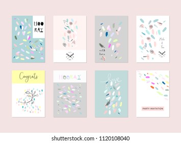 Set of artistic hand drawn creative greeting cards with different brush paints, sketch doodle drawing elements. Trendy background for baby shower, invitation, birthday, wedding, anniversary, party