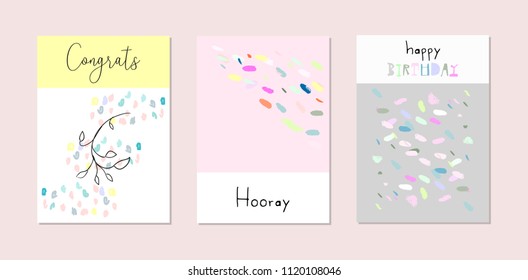 Set of artistic hand drawn creative greeting cards with different brush paints, sketch doodle drawing elements. Trendy background for baby shower, invitation, birthday, wedding, anniversary, party