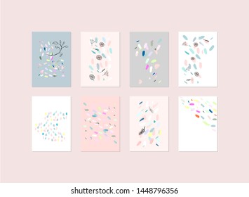Conjunto artístico de patrones creativos dibujados a mano con diferentes pinturas de pinceladas de pincel, esbozar elementos de dibujo de doodle. Fondo de moda para la ducha de bebé, invitación, cumpleaños, boda, aniversario, fiesta