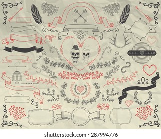 Set of Artistic Hand Sketched Colorful Doodle Design Elements on Crumpled Paper Texture. Decorative Floral Frames, Branches, Wreaths, Ribbons. Vintage Vector Illustration. Pattern Brushes. 