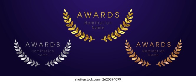 Set of artistic handdrawn brushing style round frames. Gold, silver and bronze awards design. Awarded palm branches. Achievement symbol of the first, second and third place. Creative floral circle.