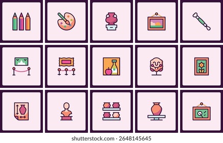 Set of artistic icons representing museum exhibits and creative activities