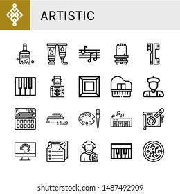 Set of artistic icons such as Abstract, Paint brush, Paint tube, Musical notes, Canvas, Brushes, Piano, Tattoo artist, Art, Artist, Painting palette, Brush, Note, Notes 