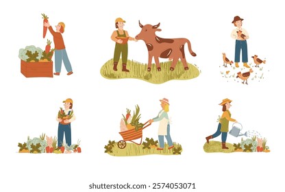 Set of artistic illustrations depicting farming activities including gardening, cattle care, hens feeding, vegetable harvesting, and plant watering. Showcases local agriculture practices.