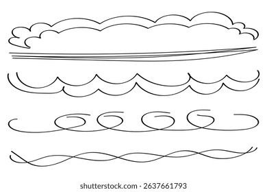Set of artistic ink lines, brushes, underlines, sketch hand-drawn strokes. Vector brushes. Straight lines of a marker or brush for highlighting and underlining. Vector illustration.