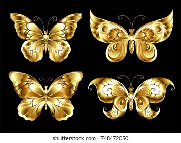 Set of artistic, jewelry, gold butterflies on black background.