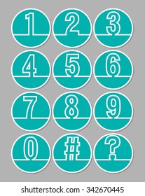 Set Of Artistic Line Number In Circle Shapes, White Outline On Trendy Green Background, Included Hash Tag Symbol And Question Mark. Number Icons For Infographic Template