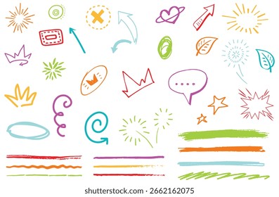 Conjunto de líneas de marcador artístico y Elementos cómicos expresivos con una combinación de dibujos estilo boceto, Formas divertidas, íconos, bordes y signos de dibujos animados

