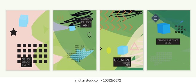 Set of artistic minimal universal card templates in Memphis style with abstract hand drawn doodles. Design for poster, card, invitation. Roughly drawn bright trendy textures. Vector isolated