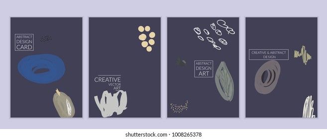 Set of artistic minimal universal card templates with abstract hand drawn doodles. Design for poster, card, invitation. Roughly drawn bright trendy textures. Minimal simple design.Vector isolated