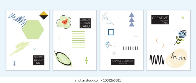 Set of artistic minimal universal card templates in Memphis style with abstract hand drawn doodles. Design for poster, card, invitation. Roughly drawn bright trendy textures. Vector isolated