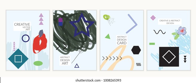 Set of artistic minimal universal card templates in Memphis style with abstract hand drawn doodles. Design for poster, card, invitation. Roughly drawn bright trendy textures. Vector isolated