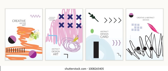 Set of artistic minimal universal card templates in Memphis style with abstract hand drawn doodles. Design for poster, card, invitation. Roughly drawn bright trendy textures. Vector isolated