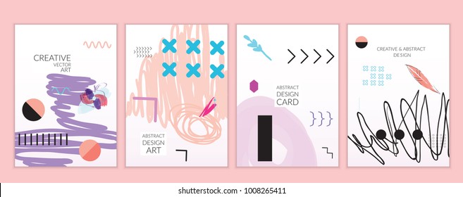Set of artistic minimal universal card templates in Memphis style with abstract hand drawn doodles. Design for poster, card, invitation. Roughly drawn bright trendy textures. Vector isolated