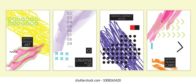 Set of artistic minimal universal card templates in Memphis style with abstract hand drawn doodles. Design for poster, card, invitation. Roughly drawn bright trendy textures. Vector isolated