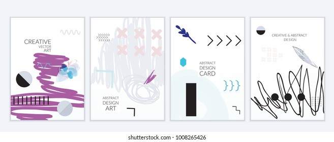 Set of artistic minimal universal card templates in Memphis style with abstract hand drawn doodles. Design for poster, card, invitation. Roughly drawn bright trendy textures. Vector isolated