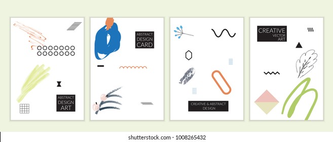 Set of artistic minimal universal card templates in Memphis style with abstract hand drawn doodles. Design for poster, card, invitation. Roughly drawn bright trendy textures. Vector isolated