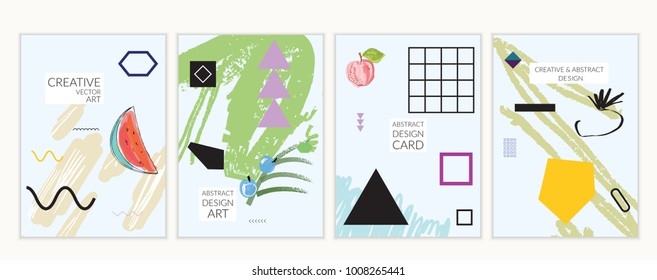 Set of artistic minimal universal card templates in Memphis style with abstract hand drawn doodles. Design for poster, card, invitation. Roughly drawn bright trendy textures. Vector isolated