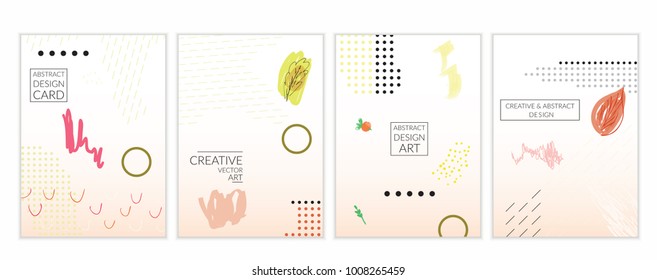Set of artistic minimal universal card templates in Memphis style with abstract hand drawn doodles. Design for poster, card, invitation. Roughly drawn bright trendy textures. Vector isolated