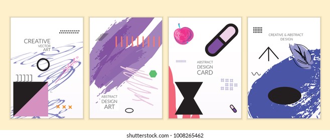 Set of artistic minimal universal card templates in Memphis style with abstract hand drawn doodles. Design for poster, card, invitation. Roughly drawn bright trendy textures. Vector isolated
