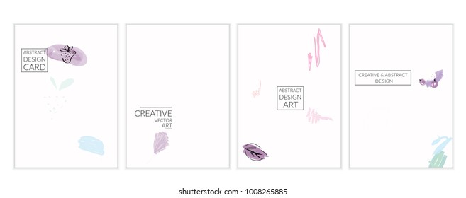 Set of artistic minimal universal card templates with abstract hand drawn doodles. Design for poster, card, invitation. Roughly drawn bright trendy textures. Minimal simple design.Vector isolated