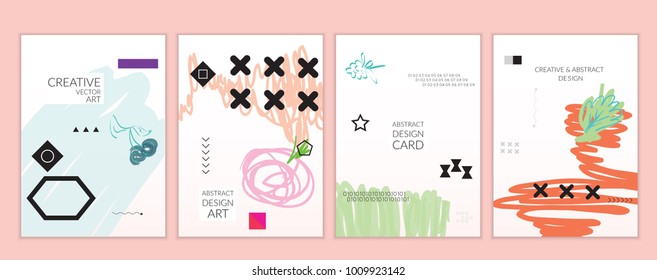 Set of artistic minimal universal card templates in Memphis style with abstract hand drawn doodles. Design for poster, card, invitation. Roughly drawn bright trendy textures. Vector isolated