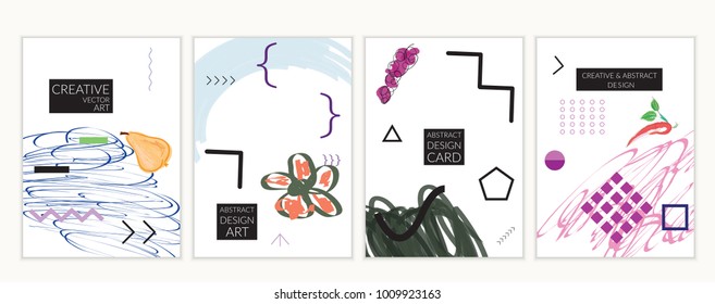 Set of artistic minimal universal card templates in Memphis style with abstract hand drawn doodles. Design for poster, card, invitation. Roughly drawn bright trendy textures. Vector isolated