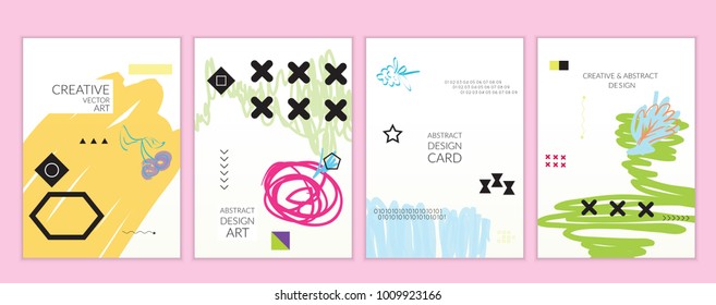 Set of artistic minimal universal card templates in Memphis style with abstract hand drawn doodles. Design for poster, card, invitation. Roughly drawn bright trendy textures. Vector isolated